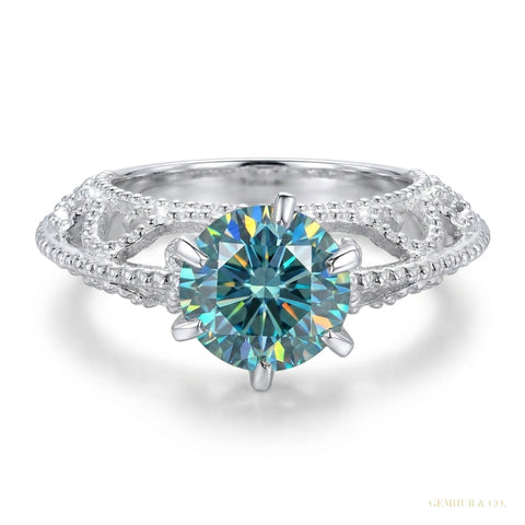 2.90 ct DEW Certified Round Cut Blue Moissanite Solitaire Ring, Gold Vermeil Jewellery – white background main image