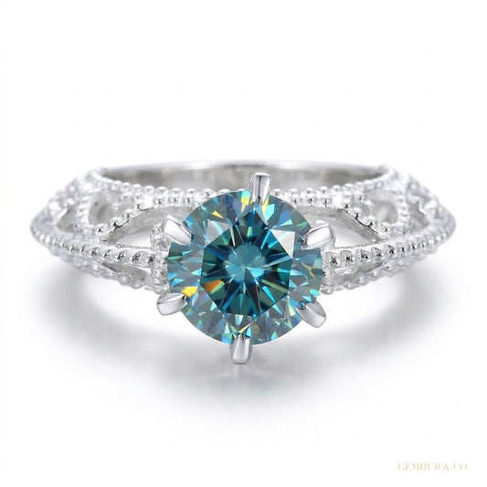 2.90 ct DEW Certified Round Cut Blue Moissanite Solitaire Ring Gold Vermeil – white background main image