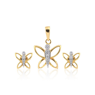 18KT Yellow Gold 0.26 Ct Butterfly Design Natural Diamond Pendant And Earrings