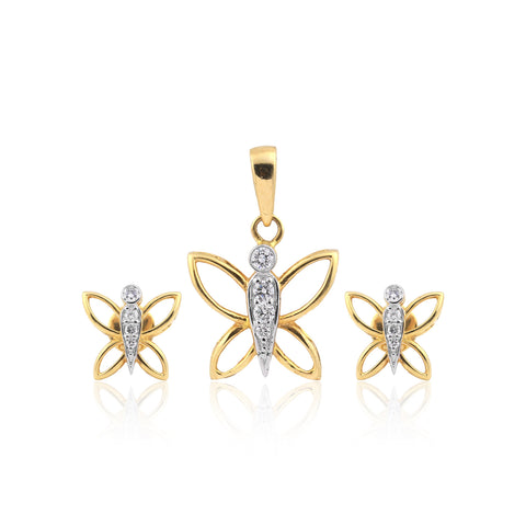 18KT Yellow Gold 0.26 Ct Butterfly Design  Natural Diamond Pendant And Earrings