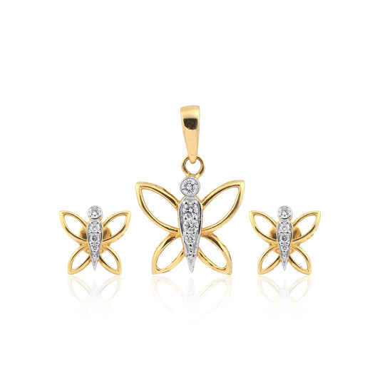 18KT Yellow Gold 0.26 Ct Butterfly Design  Natural Diamond Pendant And Earrings