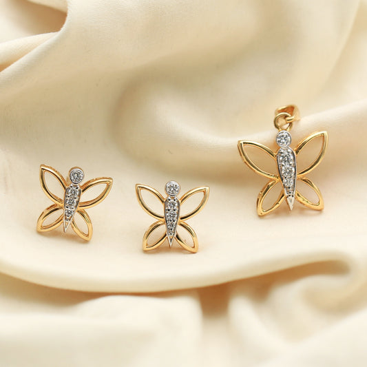 Butterfly Design 18KT Yellow Gold 0.26 Ct Natural Diamond Pendant & Earrings Set