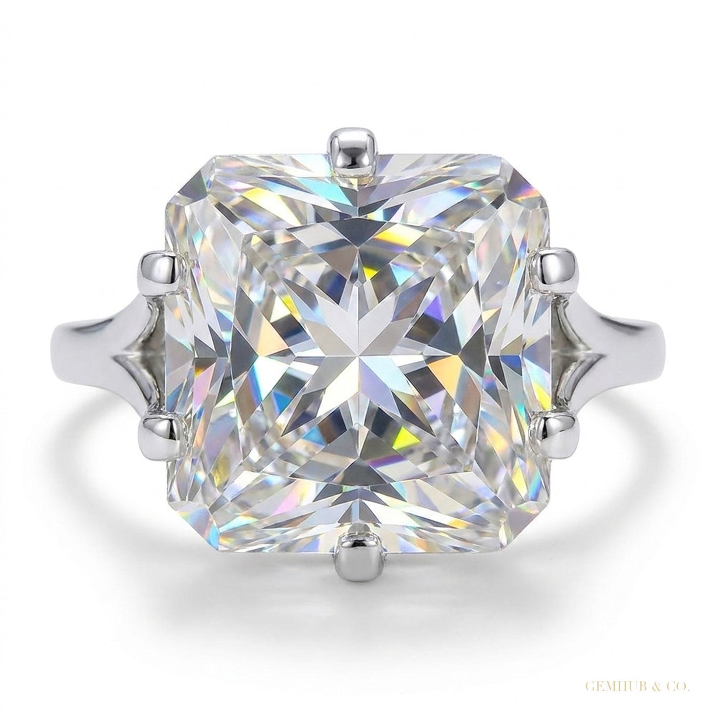 3.25 ct DEW Radiant Cut Off White Treated Moissanite Ring in Certified 18K Gold Plated 18K Gold Plated – white background main image