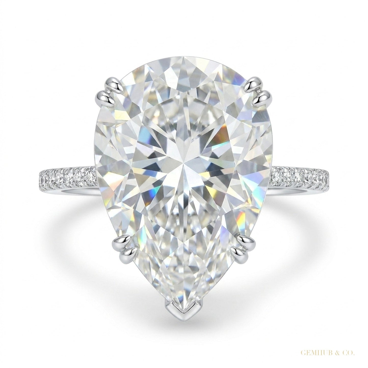 3.25 ct DEW Certified Pear Cut White Moissanite Solitaire Ring 18K Gold Plated – white background main image