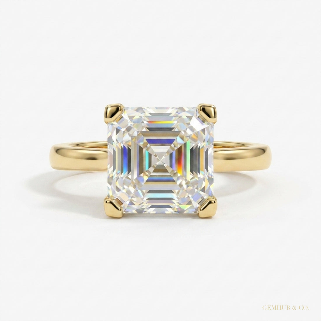 3.70 ct DEW Certified White Moissanite Asscher Cut Solitaire Ring 18K Gold Plated Vermeil – white background main image