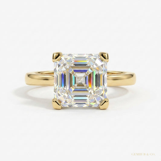 3.70 ct DEW Certified White Moissanite Asscher Cut Solitaire Ring 18K Gold Plated Verme 18K Gold Plated – white background main image