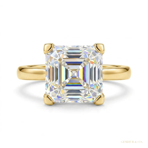 3.70 ct DEW Certified White Moissanite Asscher Cut Solitaire Rings 18K Gold Plated Verm 18K Gold Plated – white background main image