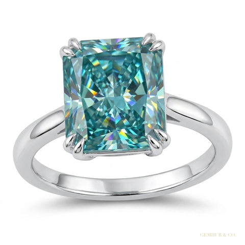 3.70 ct DEW Radiant Cut Blue Treated Moissanite Solitaire Ring in WOW 18K Gold Plated V 18K Gold Plated – white background main image
