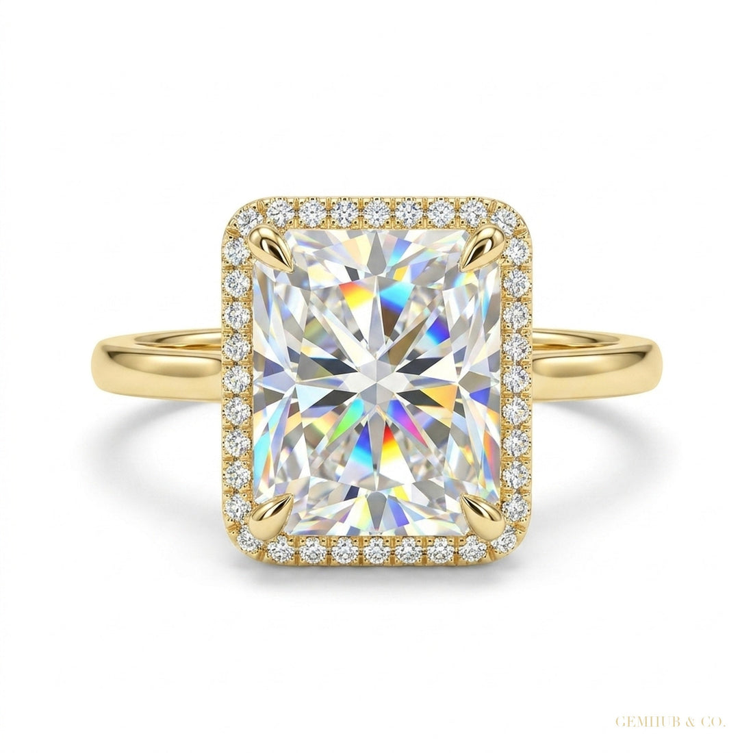 3.90 ct DEW Radiant Cut Off White Moissanite Ring in – Summer Gift 18K Gold Plated Vermeil – white background main image