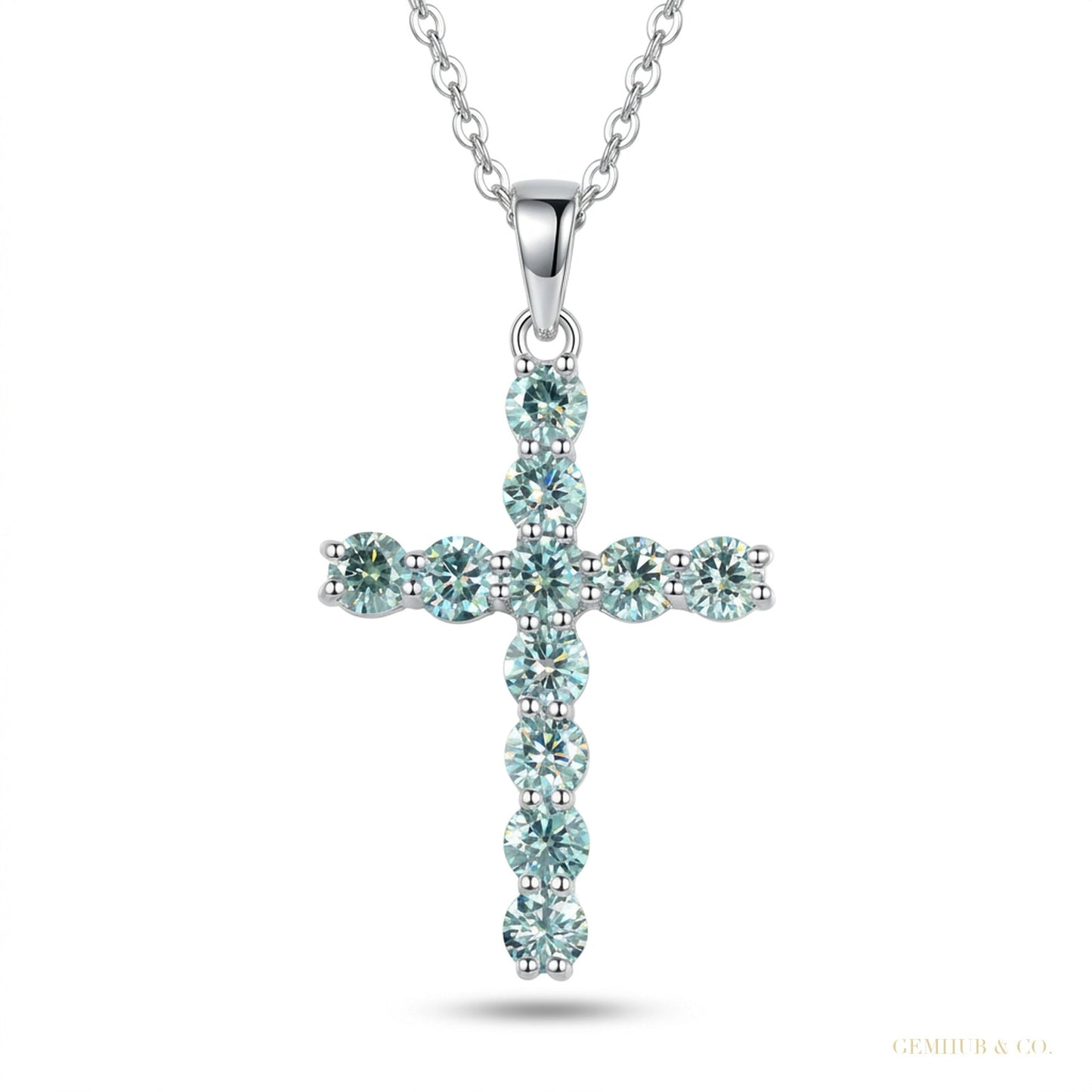 3.00 ct DEW Certified Round Cut Blue Moissanite Cross Vermeil 925 Silver Pendant – white background main image