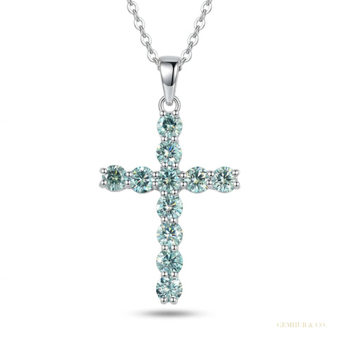 3.00 ct DEW Certified Round Cut Blue Moissanite Cross Vermeil 925 Silver Pendant – white background main image