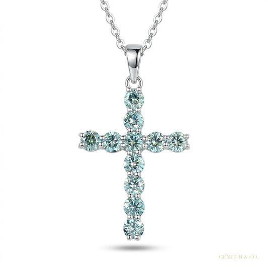 3.00 ct DEW Certified Round Cut Blue Moissanite Cross Vermeil 925 Silver Pendant – white background main image