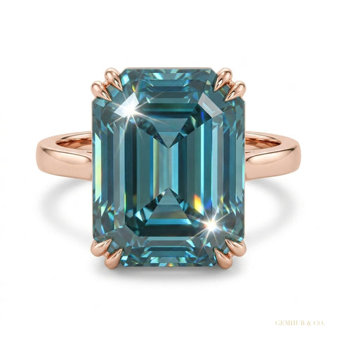 35.20 ct DEW Emerald Cut Blue Moissanite Ring in Solitaire Certified 18K Gold Plated Ve 18K Gold Plated – white background main image