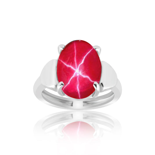 Natural 5 Ct. Red Star Ruby 6 Rays Oval Cabochon Ring in 925 Sterling Silver