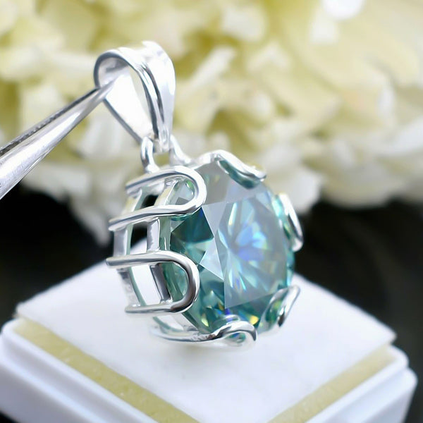 16.30 ct DEW Round Blue Moissanite Pendant in Gold Vermeil
