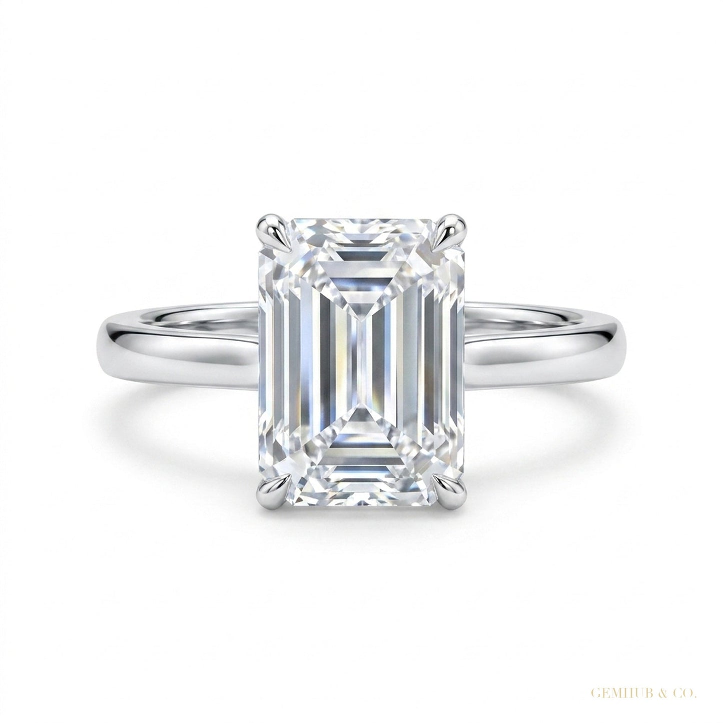 4.15 ct DEW Certified Emerald Cut Off White Moissanite Ring – Festival Gift 18K Gold Plated – white background main image