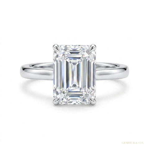 4.15 ct DEW Certified Emerald Cut Off White Moissanite Ring – Festival Gift 18K Gold Plated – white background main image