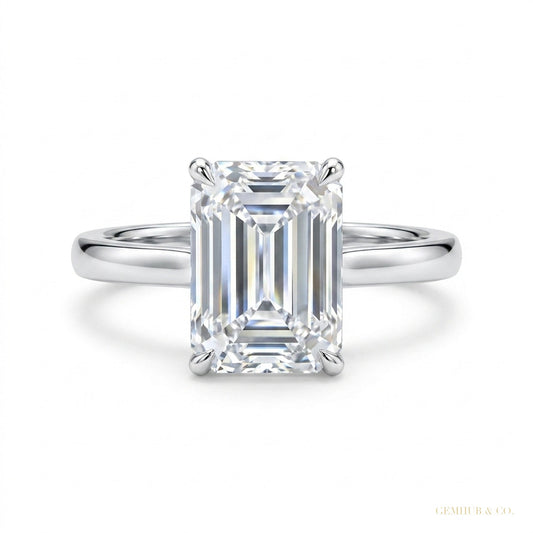 4.15 ct DEW Certified Emerald Cut Off White Moissanite Ring – Festival Gift 18K Gold Plated – white background main image