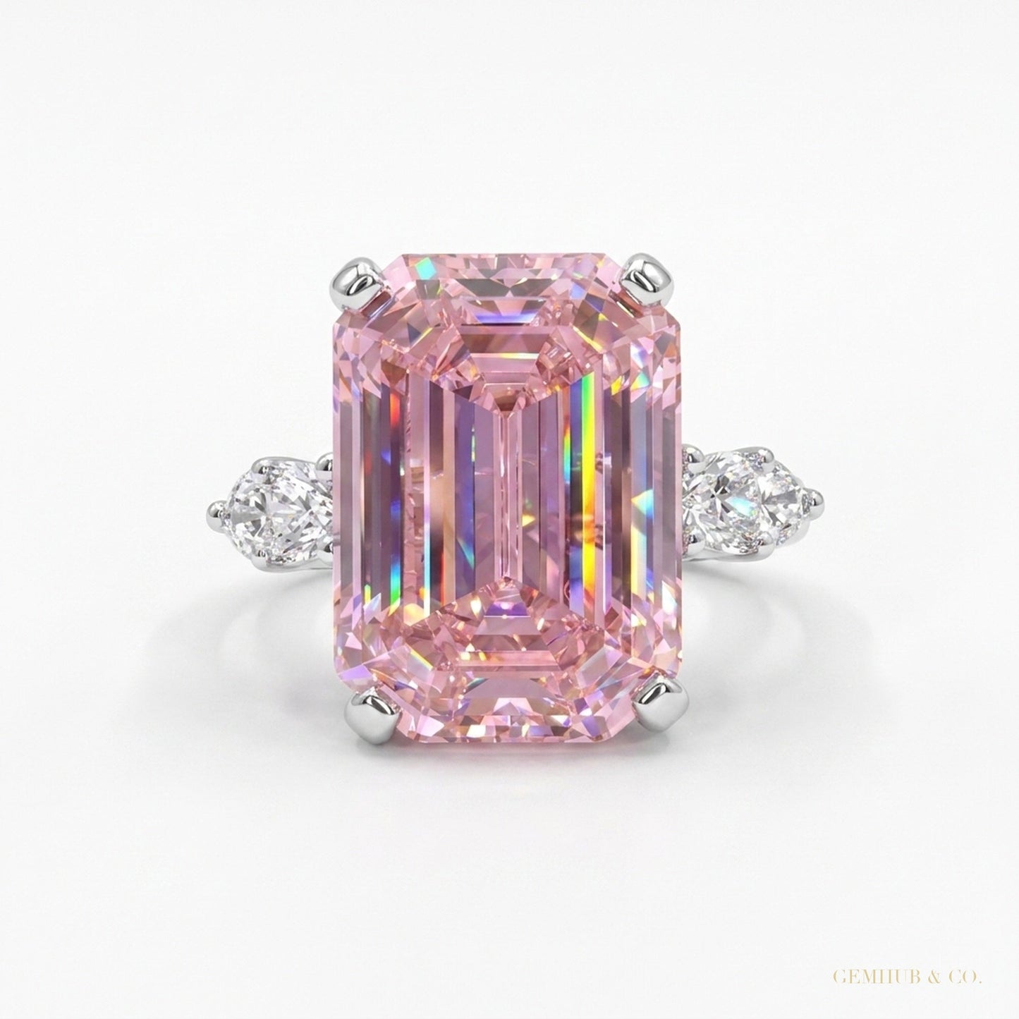 4.70 ct DEW Pink Moissanite Emerald Cut Ring – Wedding Gift for Her 18K Gold Plated Ver 18K Gold Plated – white background main image