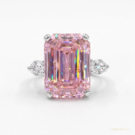 4.70 ct DEW Pink Moissanite Emerald Cut Ring – Wedding Gift for Her 18K Gold Plated Ver 18K Gold Plated – white background main image