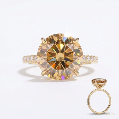 4 ct DEW Certified Round Cut Champagne Moissanite Ring With Accents Wedding 18K Gold Plated – white background main image