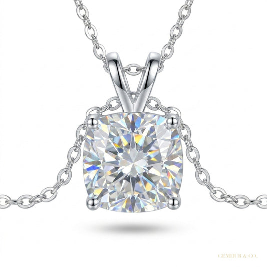 4.60 ct DEW Certified Cushion Cut White Moissanite Solitaire Pendant In Vermeil – white background main image