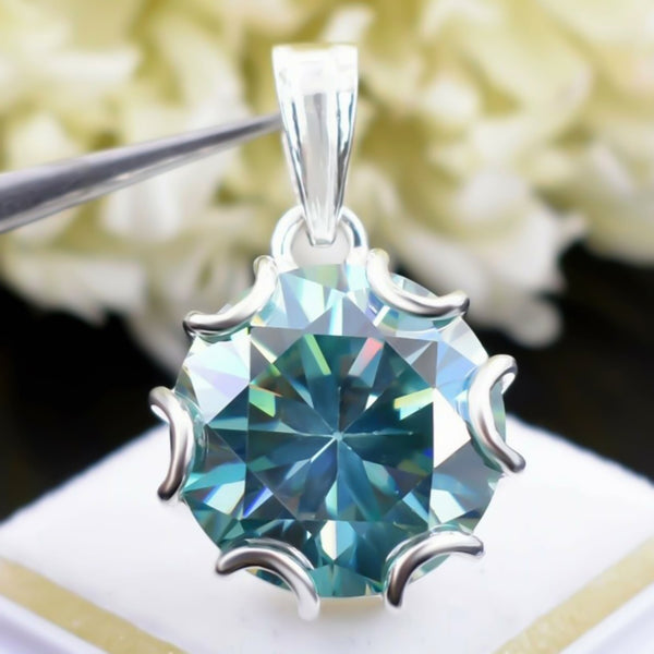 16.30 ct DEW Round Blue Moissanite Pendant in Gold Vermeil