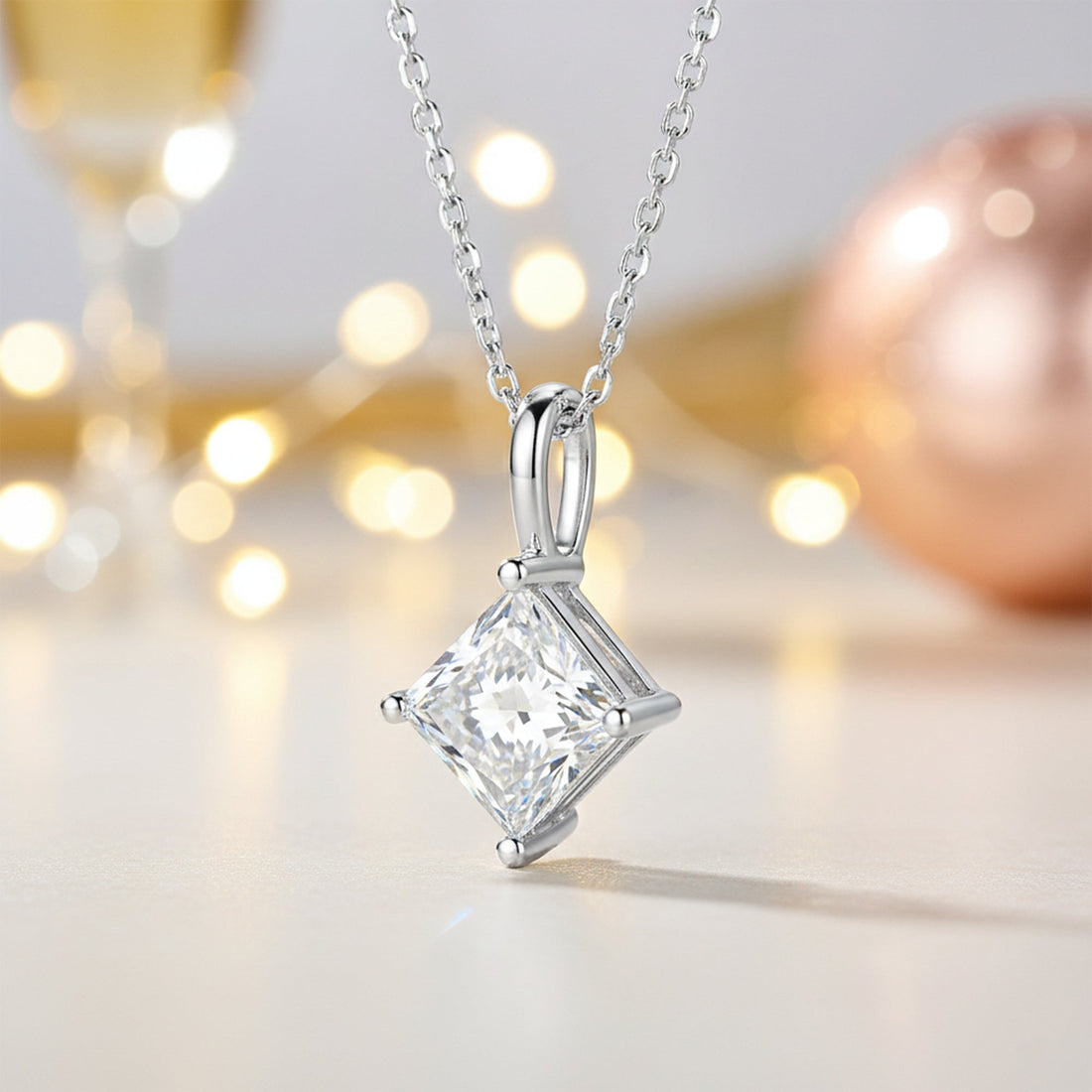 3.50 ct DEW Princess Cut White Moissanite Pendant in 18K Gold Plated Vermeil – Birthday Gift