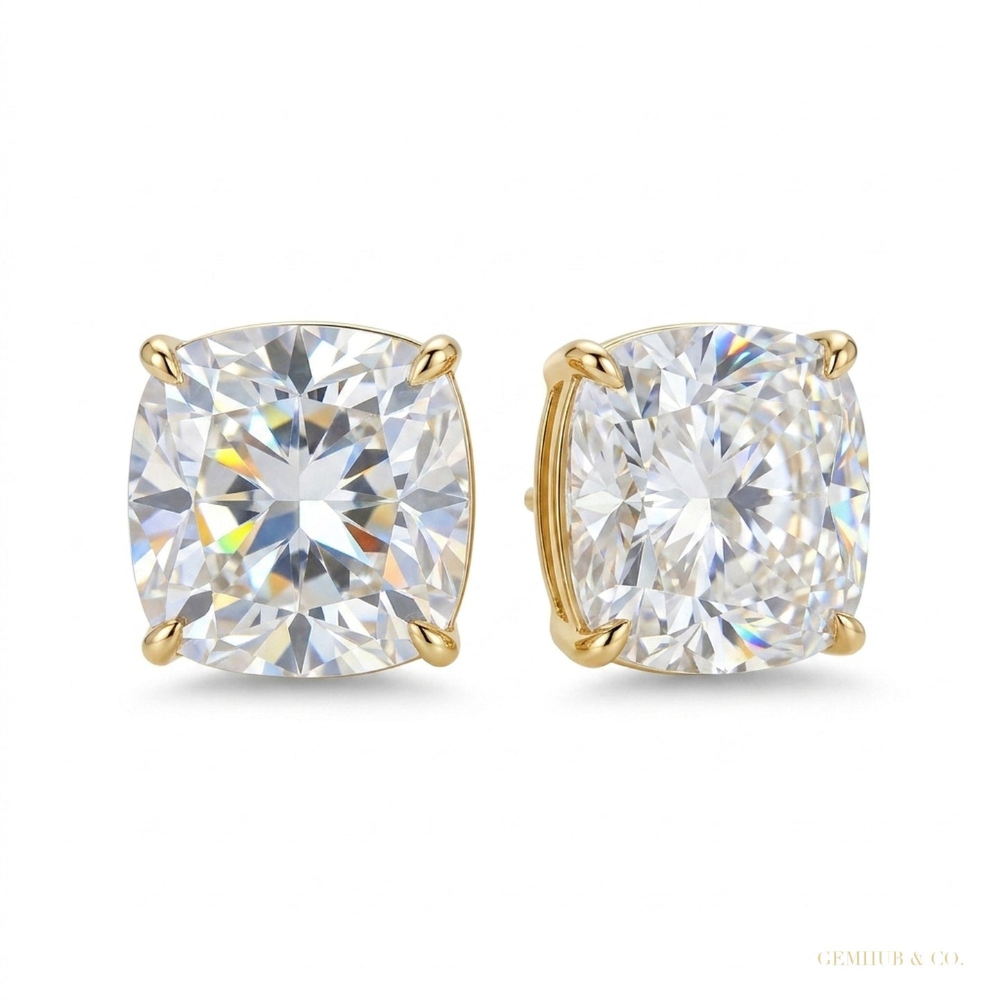 4 ct DEW Certified Cushion Cut Moissanite Solitaire Studs In Stering Gold Vermeil – white background main image