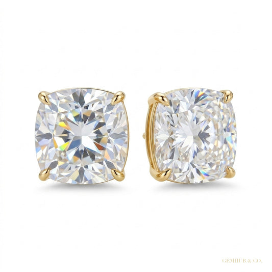 4 ct DEW Certified Cushion Cut Moissanite Solitaire Studs In Stering Gold Vermeil – white background main image