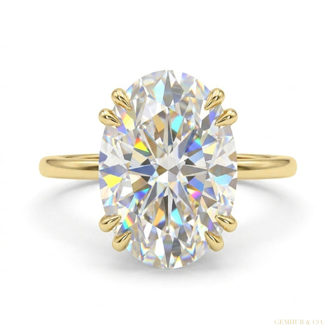5.05 ct DEW Oval Cut Off White Treated Moissanite Ring in – Certified 18K Gold Plated V 18K Gold Plated – white background main image