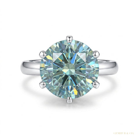 5.45 ct DEW Blue Round Moissanite Solitaire Ring in – New Year Surprise 18K Gold Plated – white background main image
