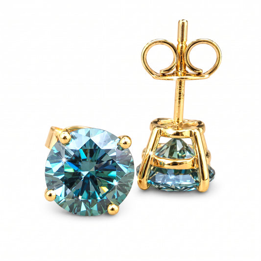 5.00ct DEW blue moissanite round stud earrings in gold vermeil - studio product photo