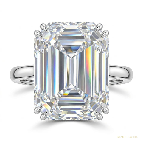 5.30 ct DEW Emerald Cut Certified White Moissanite Soliatire Gold Vermeil Ring – white background main image