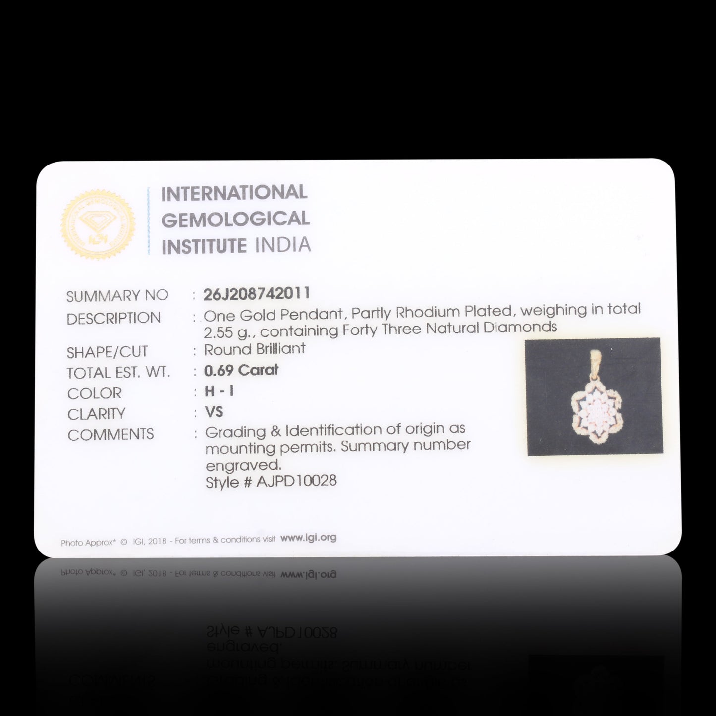 0.69 Ct IGI Certified Natural Diamond Pendant in 18K Gold Jewellery for Women