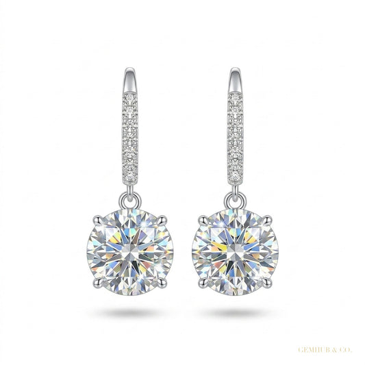 5 ct DEW Round Cut White Moissanite Solitaire Dangler Earrings In Gold Vermeil – white background main image