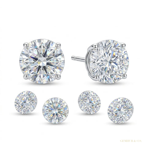 6 ct DEW Certified White Moissanite Solitaire Studs Round Cut In Gold Vermeil – white background main image