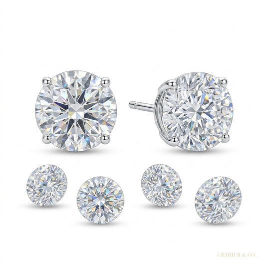 6 ct DEW Certified White Moissanite Solitaire Studs Round Cut In Gold Vermeil – white background main image