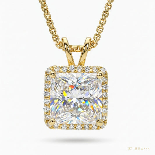 6.50 ct DEW Princess Cut White Moissanite Solitaire Pendant Gold Vermeil Certified – white background main image
