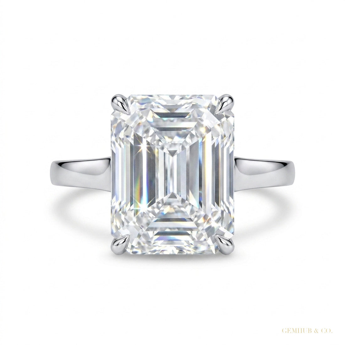 7.10 Cts Certified Emerald Cut Solitaire White Moissanite Ring 18K Gold Plated Vermeil – white background main image