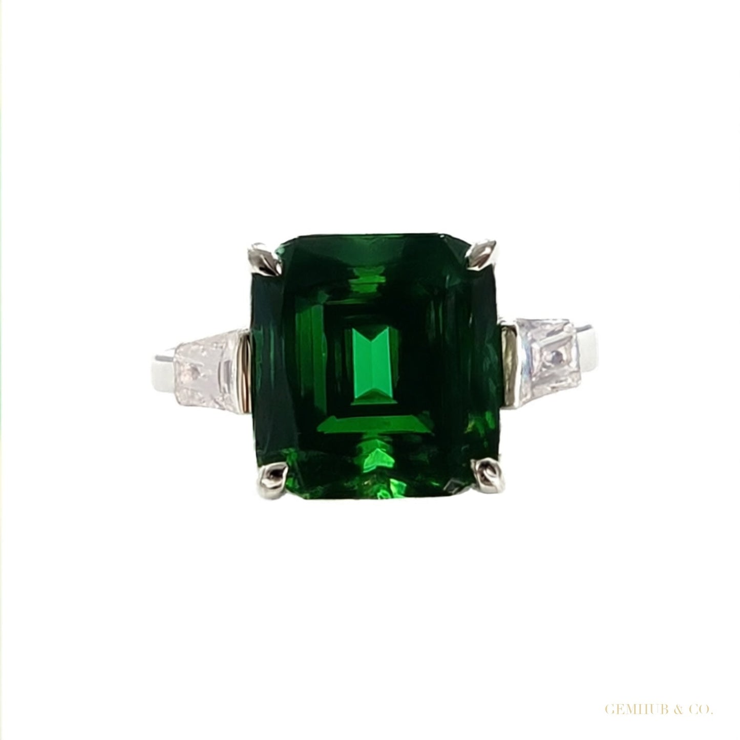 7.30 ct DEW Certified Blue Moissanite Emerald Cut Solitaire Ring Ring 18K Gold Plated V 18K Gold Plated – white background main image