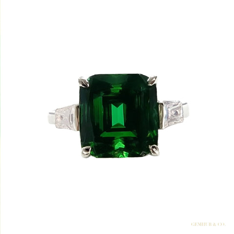 7.30 ct DEW Certified Blue Moissanite Emerald Cut Solitaire Ring Ring 18K Gold Plated V 18K Gold Plated – white background main image