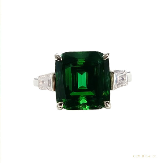 7.30 ct DEW Certified Blue Moissanite Emerald Cut Solitaire Ring Ring 18K Gold Plated V 18K Gold Plated – white background main image