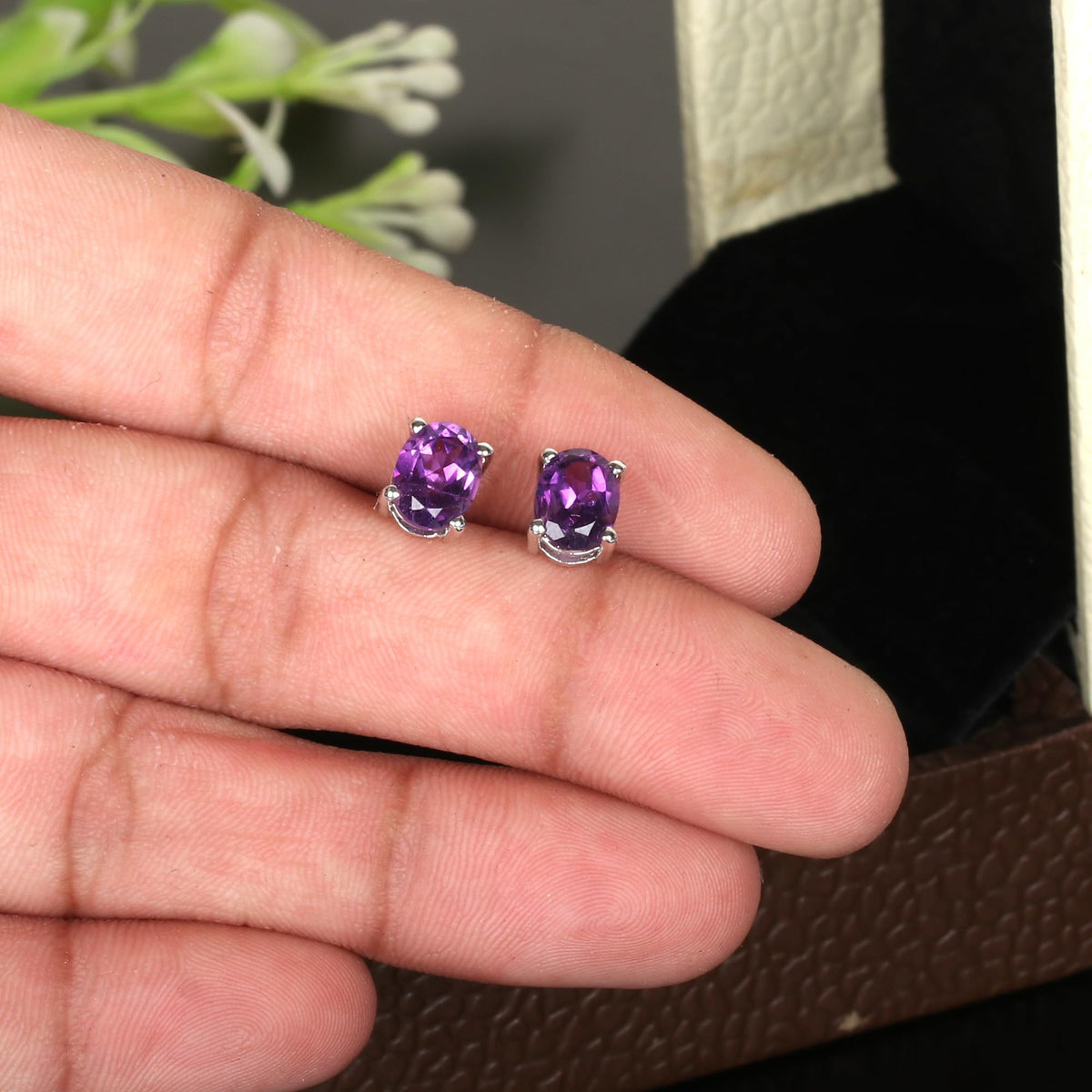 GEMHUB 925 Sterling Silver Gemstone Stud Earrings - Purple Amethyst 5.35 Ct