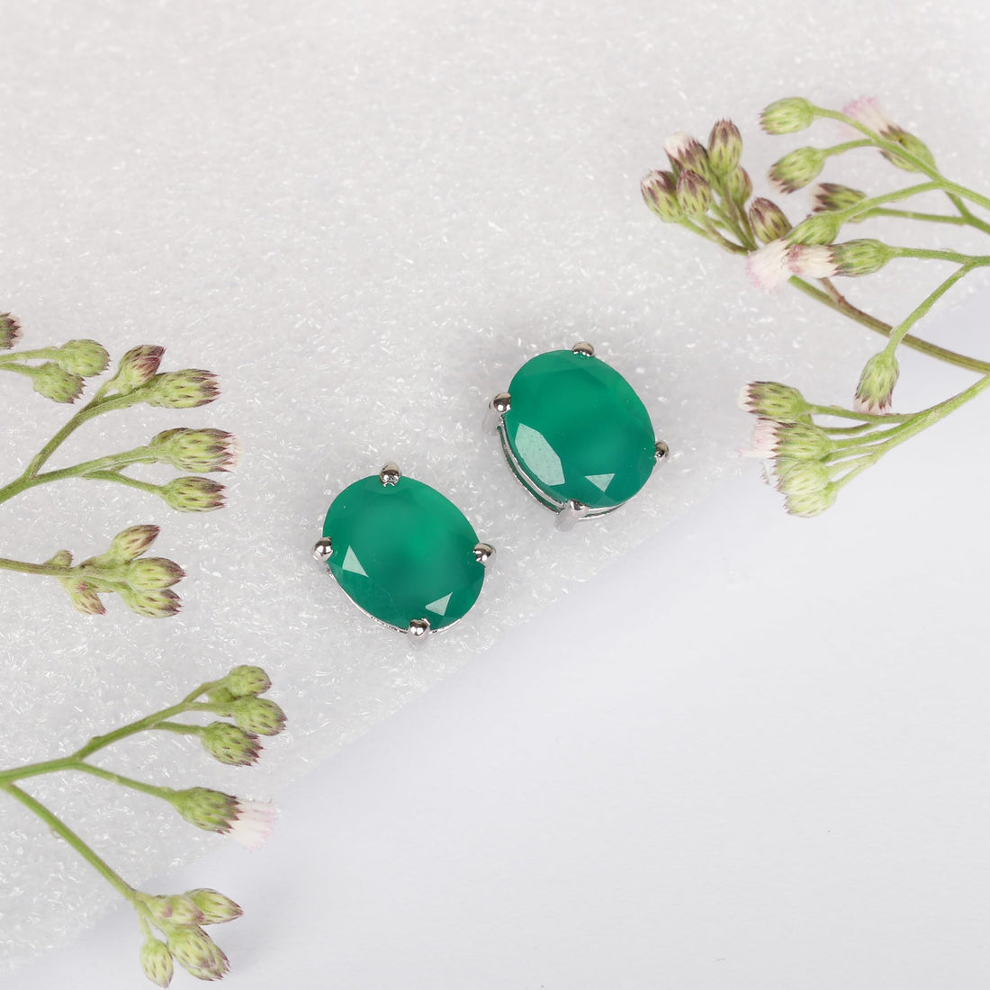 GEMHUB 925 Sterling Silver Gemstone Stud Earrings - Green Onyx 5.60 Ct