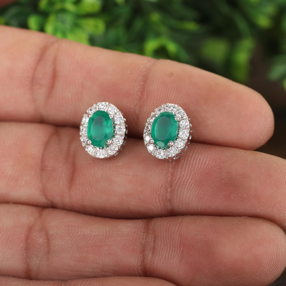GEMHUB 925 Sterling Silver Gemstone Stud Earrings - Green Onyx 7.20 Ct