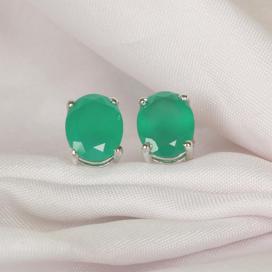 GEMHUB 925 Sterling Silver Gemstone Stud Earrings - Green Onyx 5.60 Ct