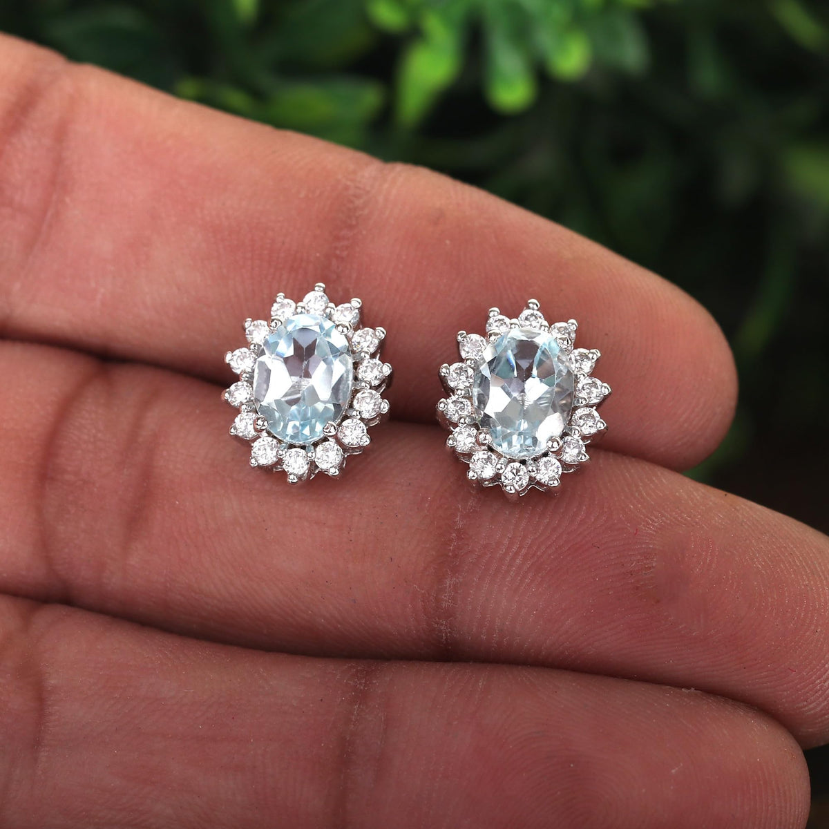 GEMHUB 925 Sterling Silver Gemstone Stud Earrings - Blue Aquamarine 8.85 Ct