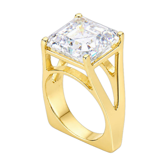 23.5 ct DEW White Moissanite Asscher Solitaire Ring - 18K Gold Vermeil on 925 Sterling Silver