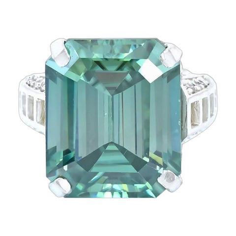 19.5 ct DEW Blue Moissanite Emerald Solitaire Ring - 18K Gold Vermeil on 925 Sterling Silver